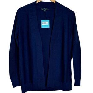 faith & zoe Open Front Cardigan Sweater Size Large New Navy Blue Ribbed Knit